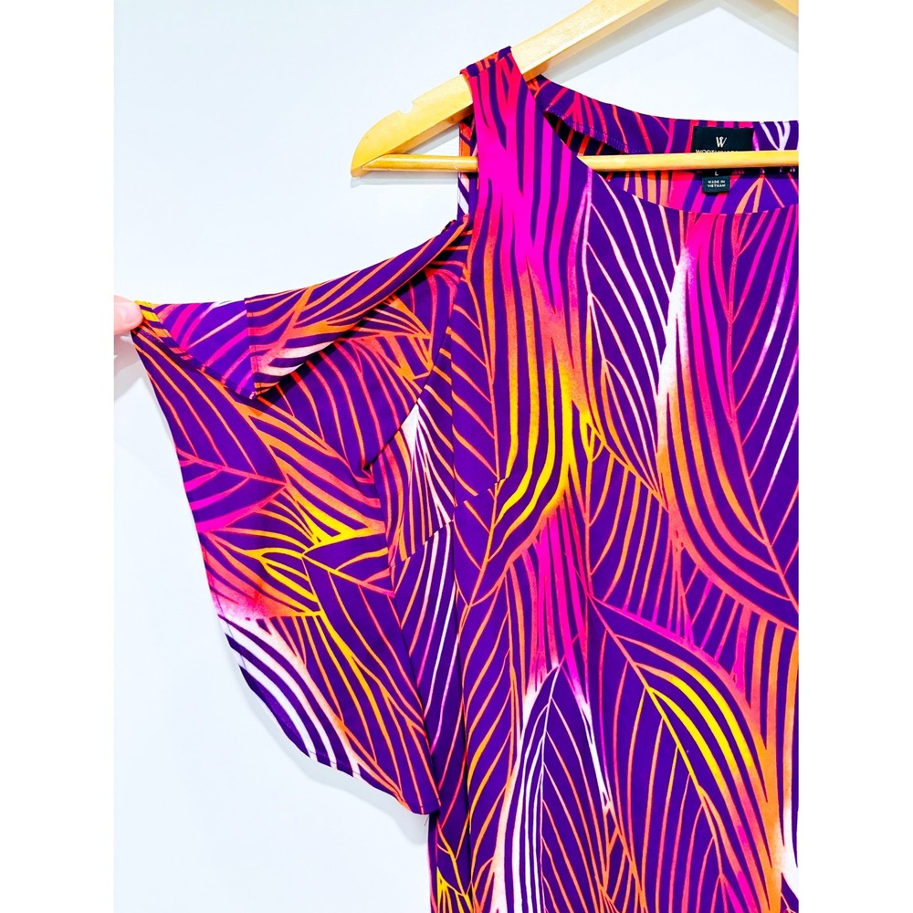 WORTHINGTON Purple orange leaf print cold shoulder top | Colorful | Large - Picture 3 of 7